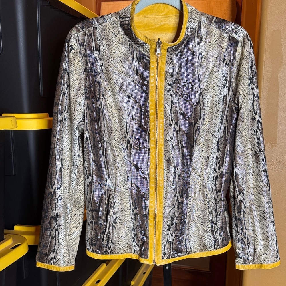 Vintage Reversible Lambskin Leather Jacket Mustard Yellow Snakeskin Print M/L - Picture 12 of 16
